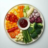 Freshly sliced vegetables arranged on a plate with sauce on the dark background. Ai generative photo