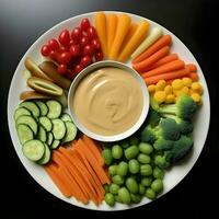 Freshly sliced vegetables arranged on a plate with sauce on the dark background. Ai generative photo