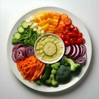 Freshly sliced vegetables arranged on a plate with sauce on the dark background. Ai generative photo