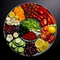 Freshly sliced vegetables arranged on a plate with sauce on the dark background. Ai generative photo