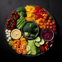 Freshly sliced vegetables arranged on a plate with sauce on the dark background. Ai generative photo