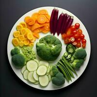 Freshly sliced vegetables arranged on a plate with sauce on the dark background. Ai generative photo