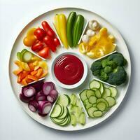 Freshly sliced vegetables arranged on a plate with sauce on the dark background. Ai generative photo