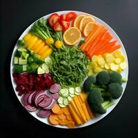 recién rebanado vegetales arreglado en un plato con salsa en el oscuro antecedentes. ai generativo foto