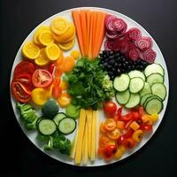 recién rebanado vegetales arreglado en un plato con salsa en el oscuro antecedentes. ai generativo foto