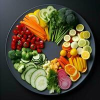 Freshly sliced vegetables arranged on a plate with sauce on the dark background. Ai generative photo