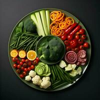 Freshly sliced vegetables arranged on a plate with sauce on the dark background. Ai generative photo