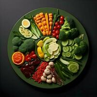 Freshly sliced vegetables arranged on a plate with sauce on the dark background. Ai generative photo