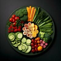 Freshly sliced vegetables arranged on a plate with sauce on the dark background. Ai generative photo