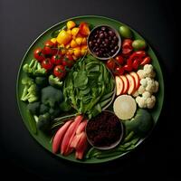 Freshly sliced vegetables arranged on a plate with sauce on the dark background. Ai generative photo