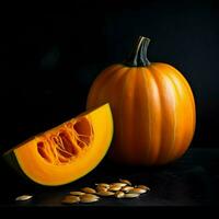 Fresh pumpkin cut in pieces on black background. Ai generative photo