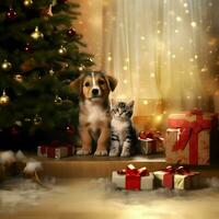 Cute happy puppy and kitten under Christmas tree photo