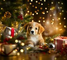 Cute happy puppy and kitten under Christmas tree photo