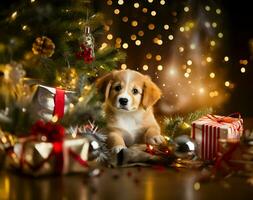 Cute happy puppy and kitten under Christmas tree photo