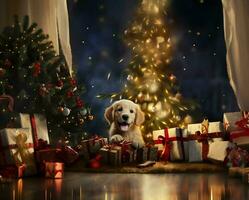 Cute happy puppy and kitten under Christmas tree photo