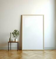 Blank picture frame on parquet floor. Minimalism. Ai generative photo