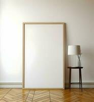 Blank picture frame on parquet floor. Minimalism. Ai generative photo