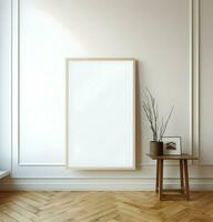 Blank picture frame on parquet floor. Minimalism. Ai generative photo