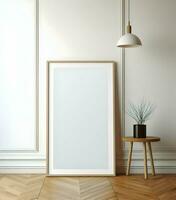 Blank picture frame on parquet floor. Minimalism. Ai generative photo