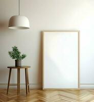 Blank picture frame on parquet floor. Minimalism. Ai generative photo