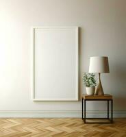 Blank picture frame on parquet floor. Minimalism. Ai generative photo