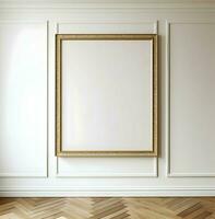 blanco imagen marco en parquet piso. minimalismo ai generativo foto