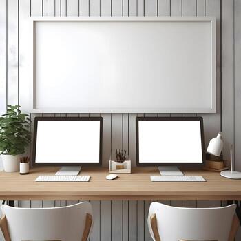 Working place table two monitor with blank frame High resolution. AI Generative photo