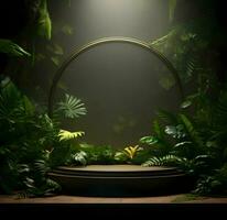 Jungle product display podium. Stage product show. Ai generative photo