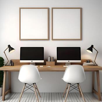 Working place table two monitor with blank frame High resolution. AI Generative photo