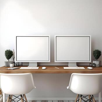 Working place table two monitor with blank frame High resolution. AI Generative photo