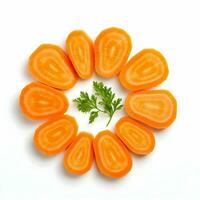 Cut carrot in round peaces on white background. High quality. AI Generative photo