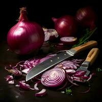 Red fresh onion sliced. High resolution. AI Generative photo