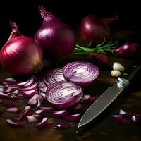 Red fresh onion sliced. High resolution. AI Generative photo