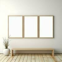 Three photo blank picture frames on parquet floor white wall. Minimalism. High resolution. AI Generative