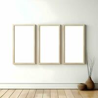Three photo blank picture frames on parquet floor white wall. Minimalism. High resolution. AI Generative