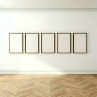 Several photo blank picture frames on the parquet floor in line. High-resolution. AI Generative