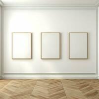 Three photo blank picture frames on parquet floor white wall. Minimalism. High resolution. AI Generative