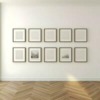 Several photo blank picture frames on parquet floor. High-resolution. AI Generative