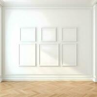 Several photo blank picture frames on parquet floor. High-resolution. AI Generative