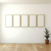 Several photo blank picture frames on parquet floor. High quality. AI Generative