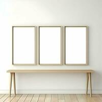 Three photo blank picture frames on parquet floor white wall. Minimalism. High resolution. AI Generative