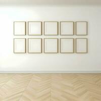 Several photo blank picture frames on parquet floor. High quality. AI Generative