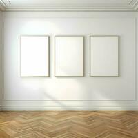 Three photo blank picture frames on parquet floor white wall. Minimalism. High resolution. AI Generative