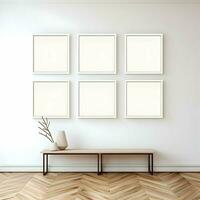 Several photo blank picture frames on parquet floor. High-resolution. AI Generative