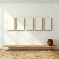 Several photo blank picture frames on parquet floor. High quality. AI Generative