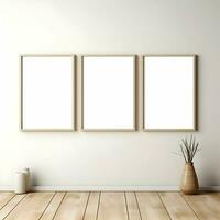 Three photo blank picture frames on parquet floor white wall. High resolution. AI Generative