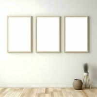 Three photo blank picture frames on parquet floor white wall. Minimalism. High resolution. AI Generative