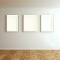 Three photo blank picture frames on parquet floor white wall. Minimalism. High resolution. AI Generative