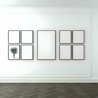 Several photo blank picture frames on parquet floor. High resolution. AI Generative