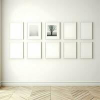 Several photo blank picture frames on parquet floor. High resolution. AI Generative